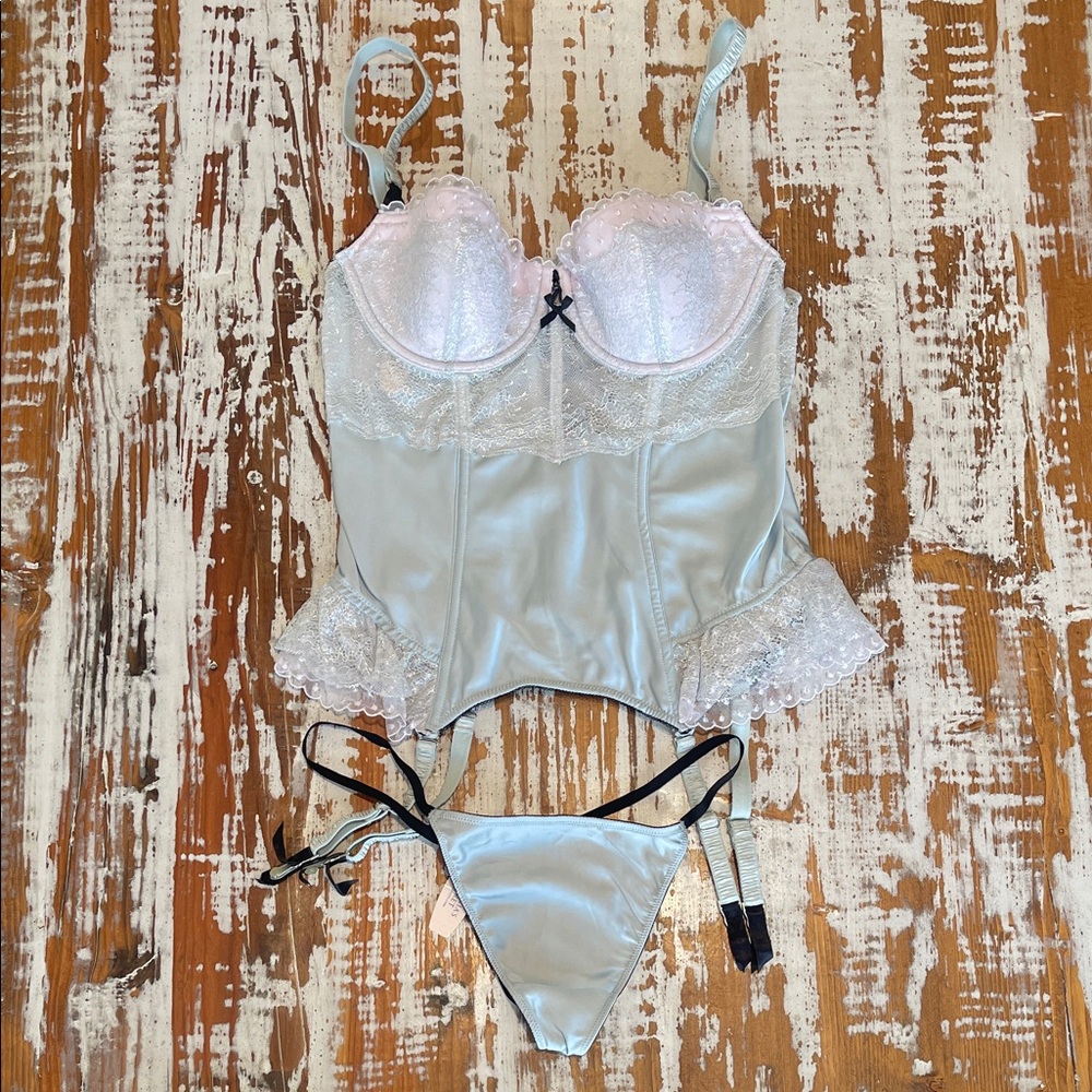 NWT Victoria’s Secret Light Blue Satin Bustier & G String Set